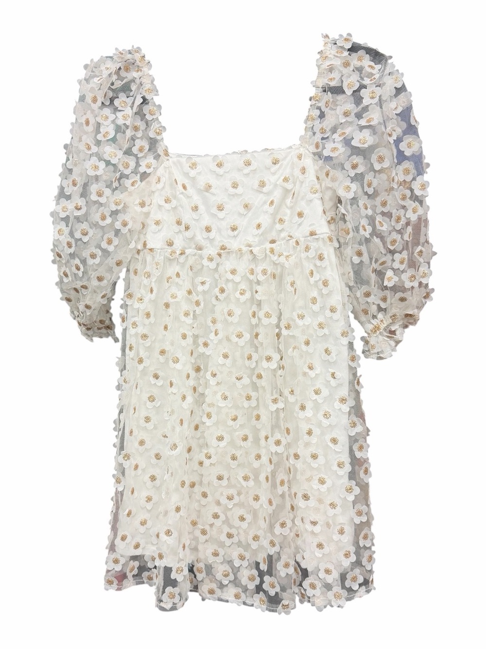 Storia Ivory Floral 3D Appliqué Puff Sleeve Dress